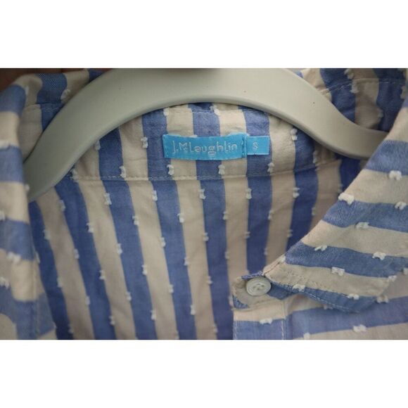 J. McLaughlin Women's Sz S Blue/Cream Striped Swiss Dot Button-Up L/S Shirt - Picture 3 of 6